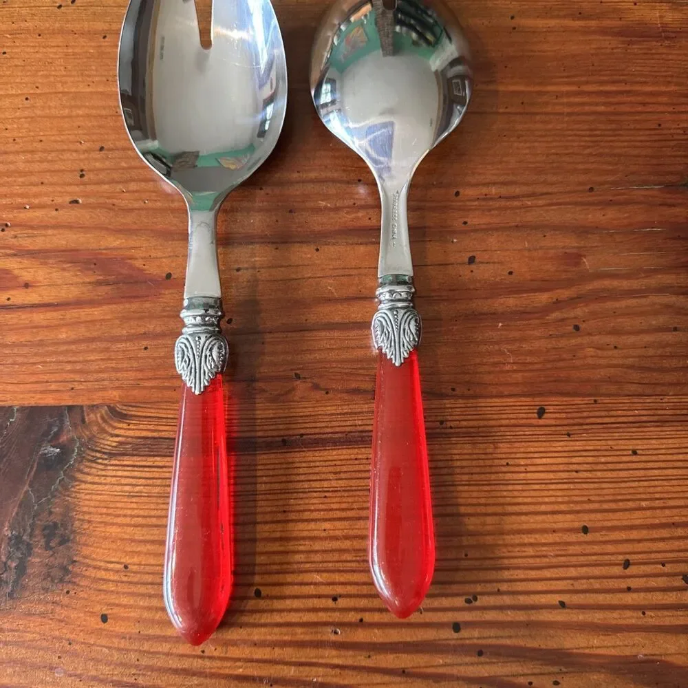 Ruby Red Handled Salad Serving Untensils/Sporks 10 Inches Clear Red Handles